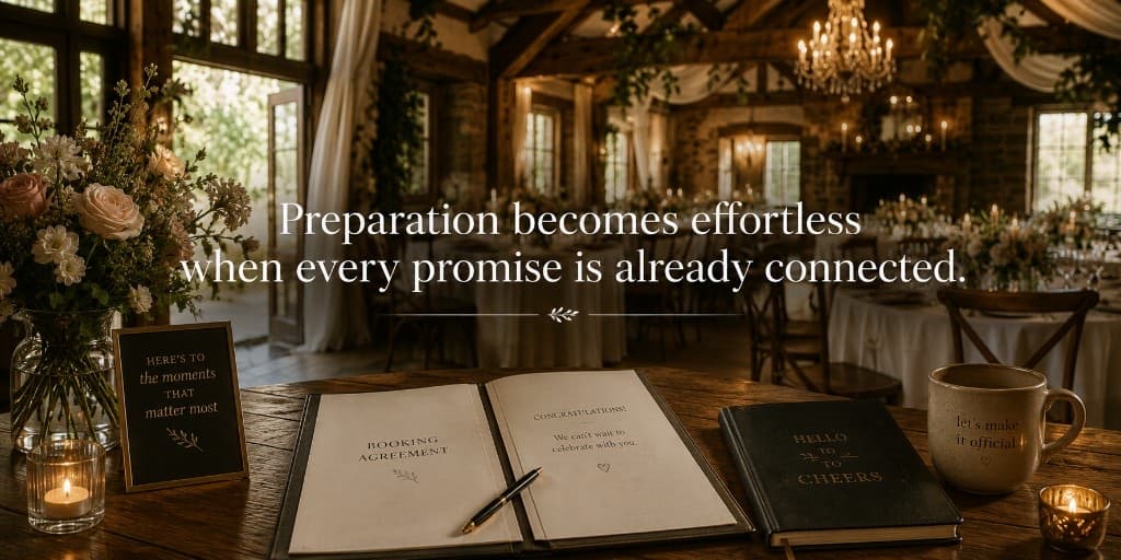 Booking agreement and celebration prep on a wooden table — preparation becomes effortless when every promise is already connected