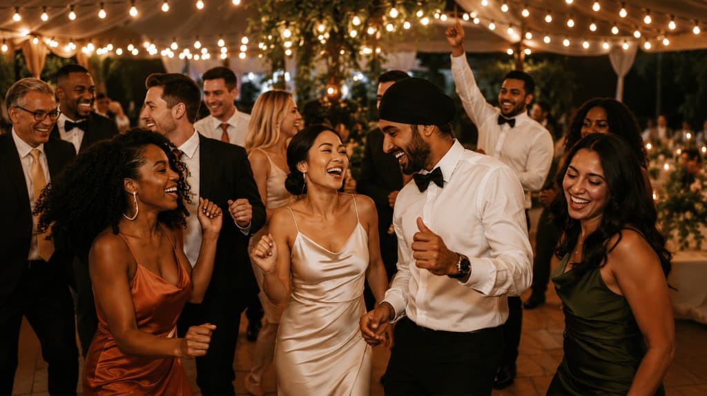 Guests dancing under warm lights — the celebration ends, the relationship doesn't