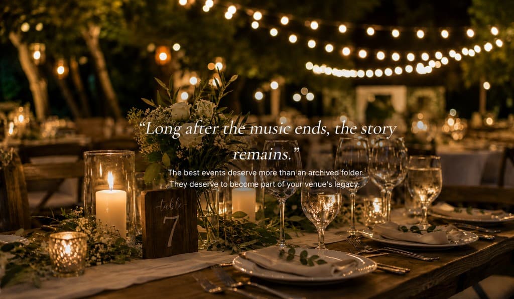 Nighttime reception with string lights glowing — the story continues after the music