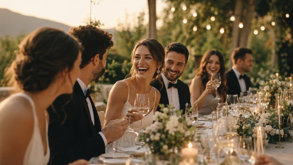 Guests celebrating together at a warm evening table — hospitality that continues