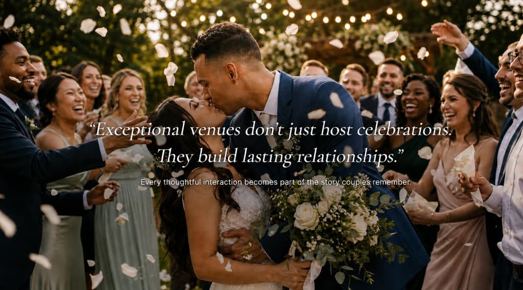 Bride and groom celebrate as guests toss petals — hospitality that begins long before the day