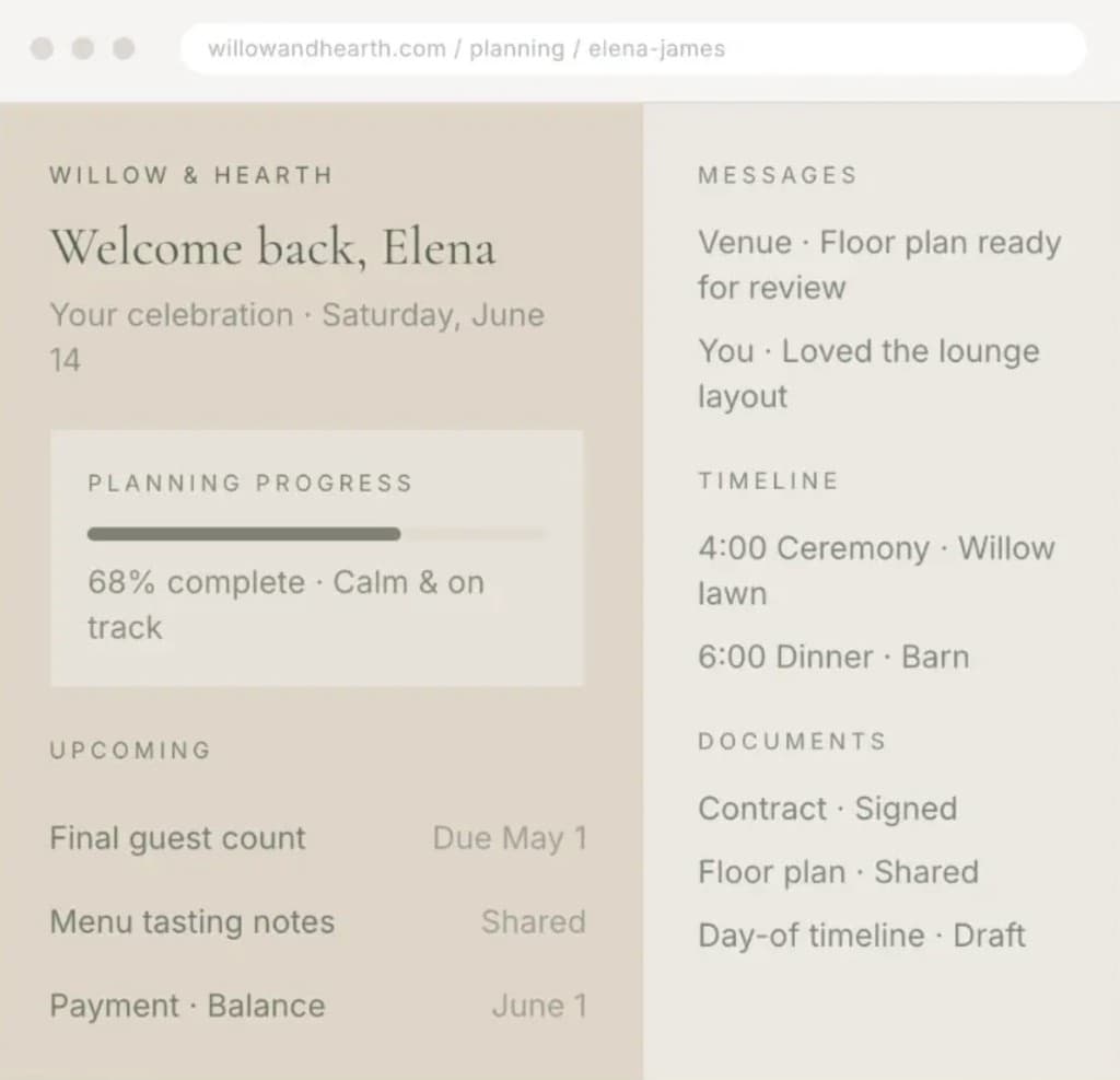 Willow & Hearth client portal — planning progress, upcoming tasks, messages, timeline, and documents