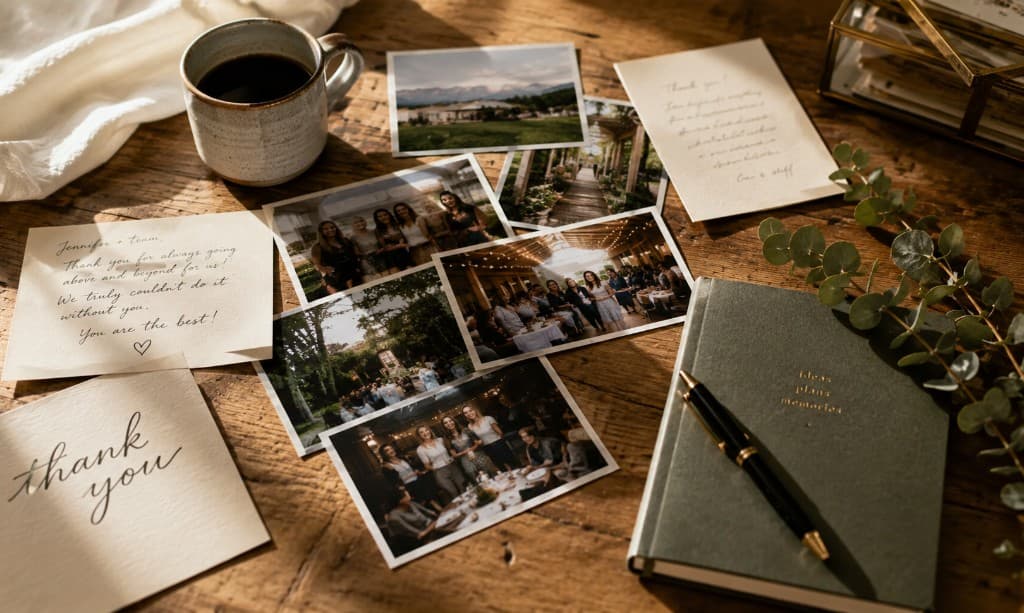 Printed memories, handwritten thank-yous, and a journal of ideas and plans — relationships kept
