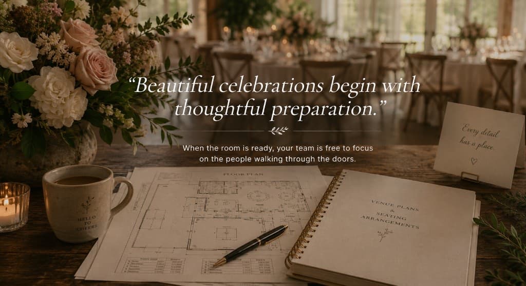 Venue plans and seating arrangements on a wooden table — thoughtful preparation before the celebration