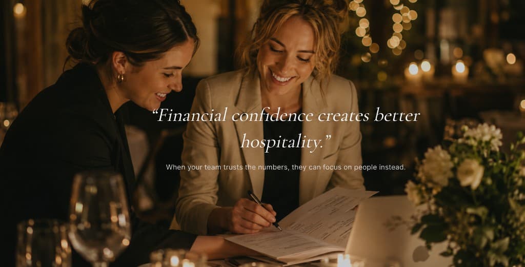 Team reviewing finances together — financial confidence creates better hospitality