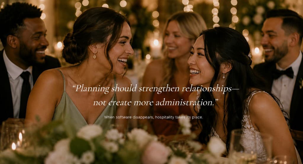 Guests laughing at a candlelit reception — planning that strengthens relationships