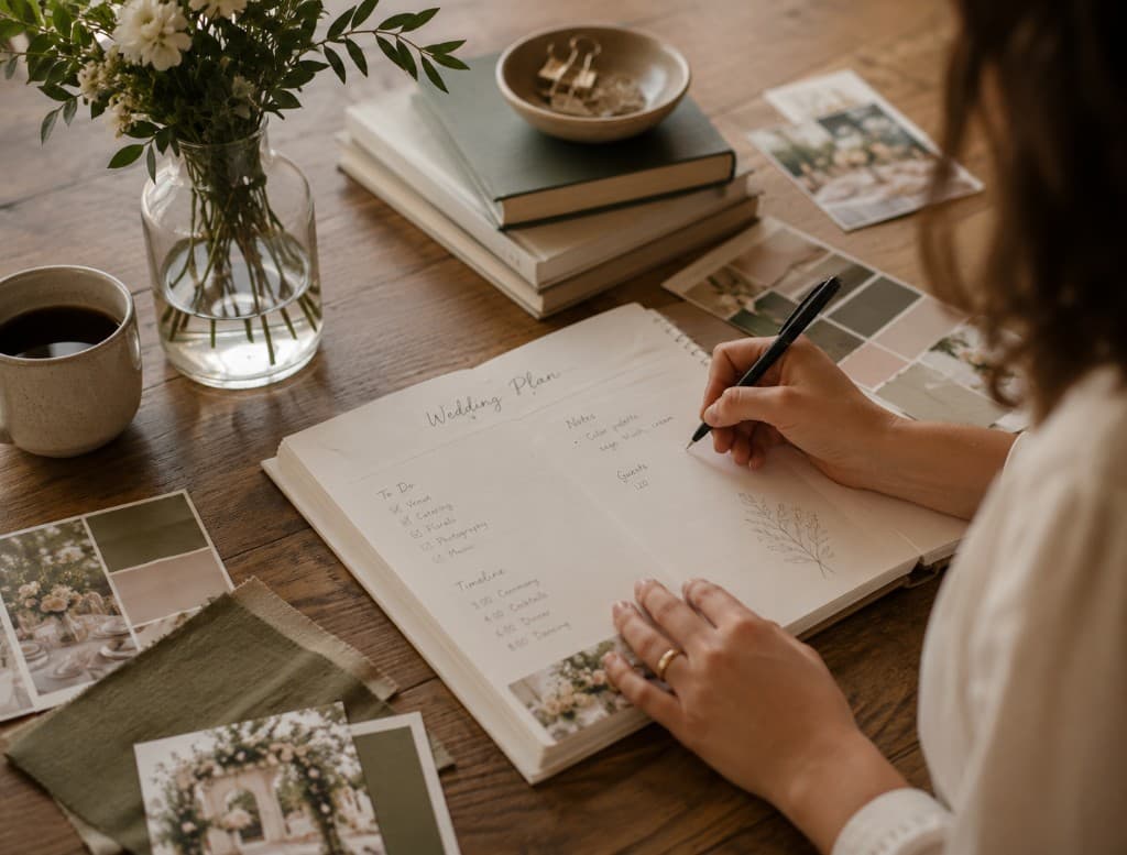 Hands writing a wedding plan with sage swatches and florals — collaboration as hospitality