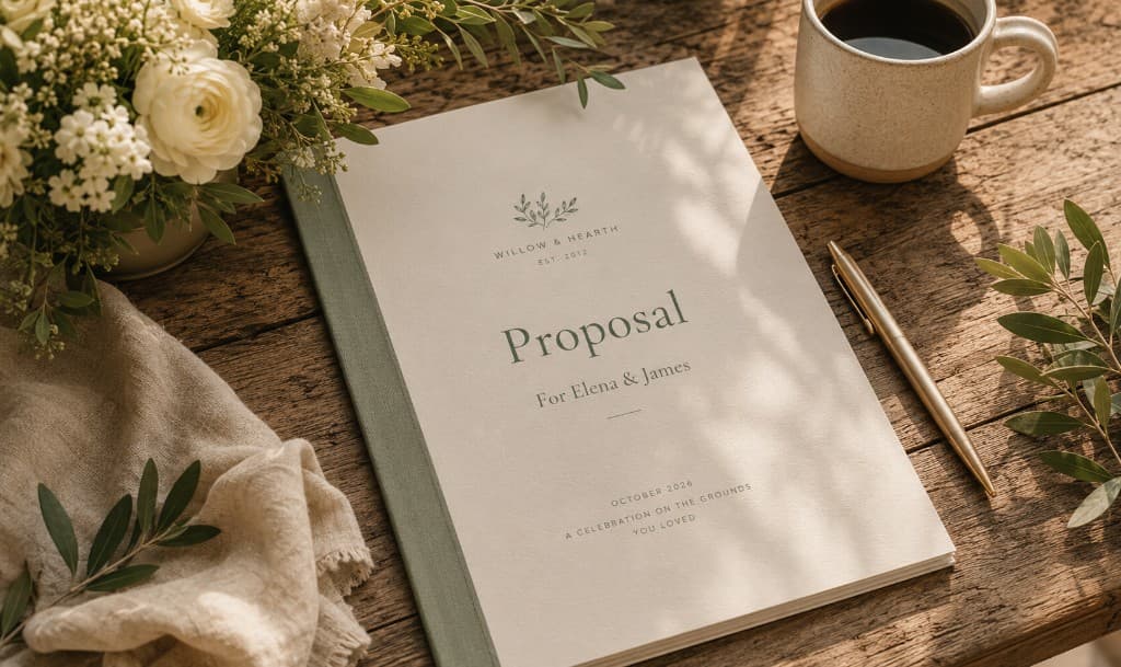 A Willow & Hearth proposal booklet for Elena & James — personal, clear, beautiful