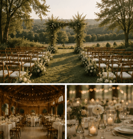 Willow & Hearth — ceremony overlook, barn reception, and candlelit tablescape