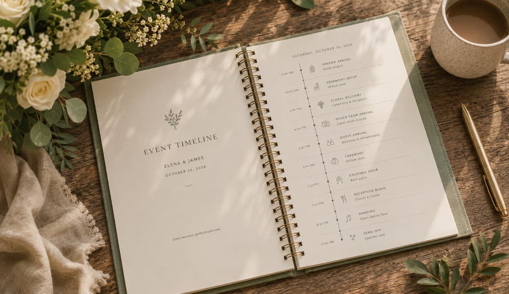 Event timeline for Elena & James — every moment, perfectly planned