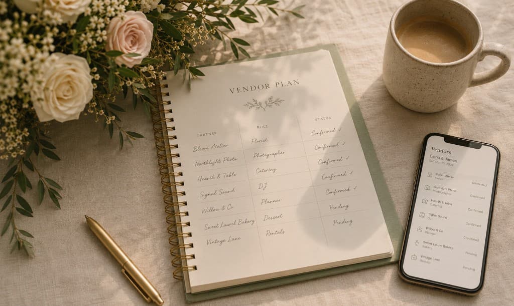 Vendor plan for Elena & James — partners confirmed, roles clear, everyone connected