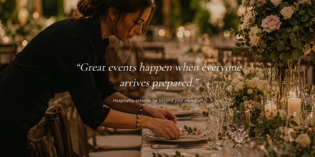 Server finishing a candlelit reception table — great events happen when everyone arrives prepared