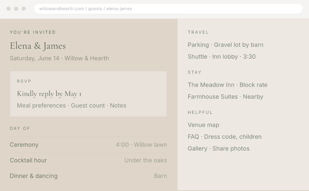 Guest portal for Elena & James — invitation, RSVP, day-of schedule, travel, stay, and helpful links