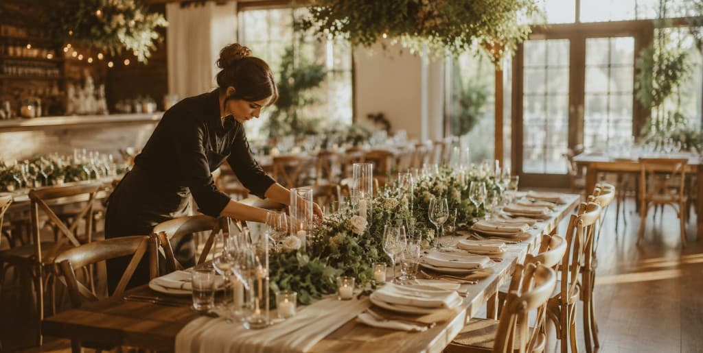 A host carefully finishing a guest table — hospitality before arrival