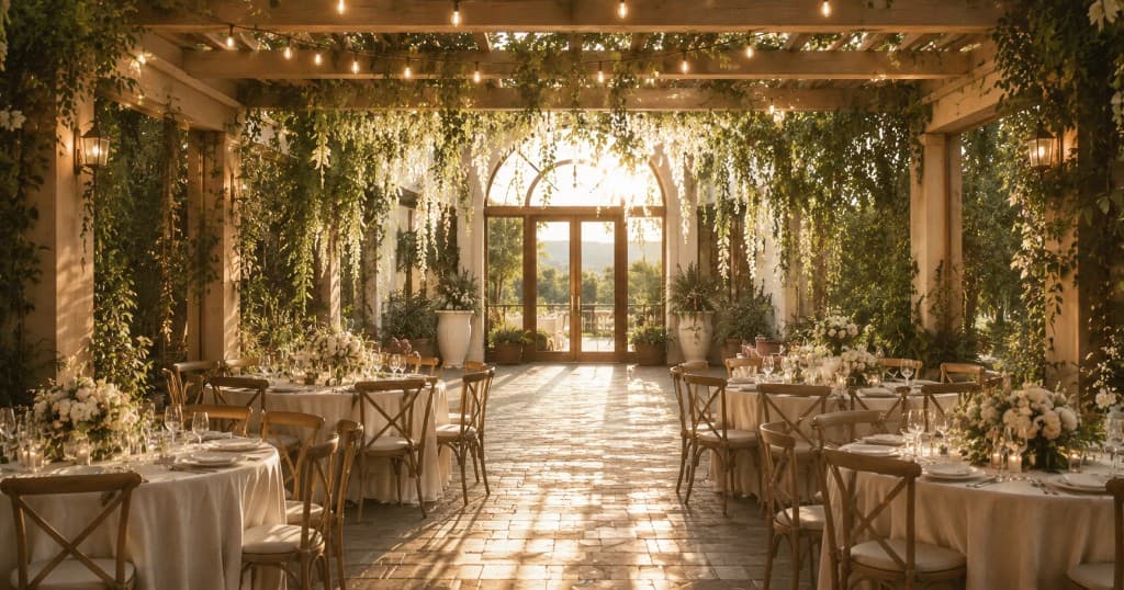 A sunlit reception patio prepared for celebration — hospitality gathered in one place