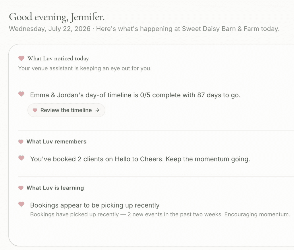 Luv in Hello to Cheers — notices, remembers, and learning for your venue