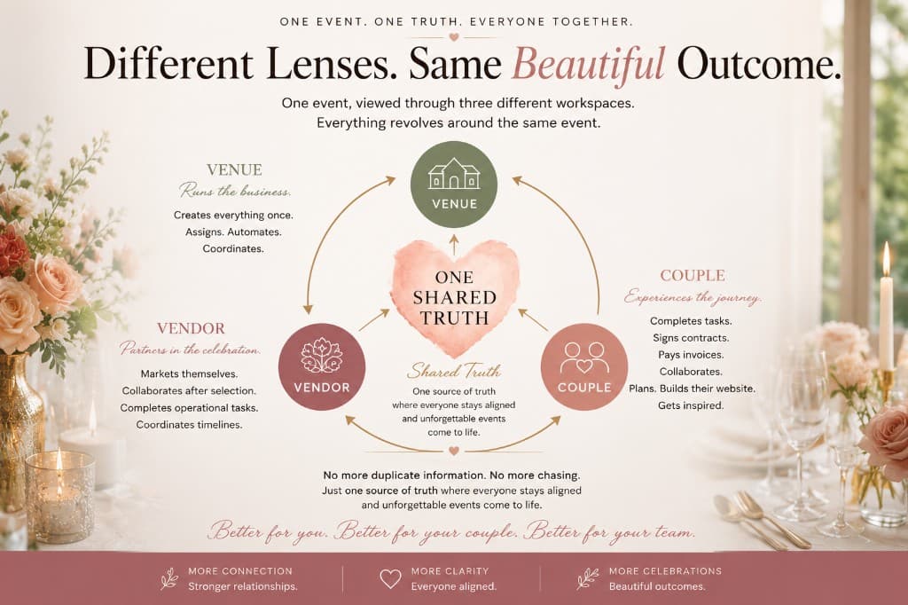 Different lenses, same beautiful outcome — one shared truth across venue, couple, and vendor perspectives