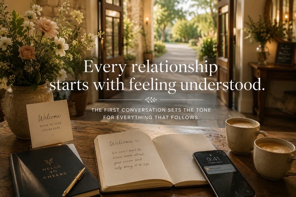 Venue foyer welcome table with inquiry notification — every relationship starts with feeling understood