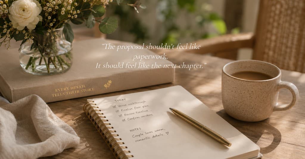 Planning table with notebook and flowers — the proposal should feel like the next chapter