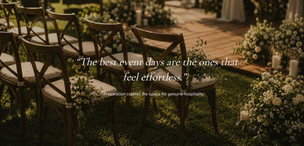 Wooden ceremony chairs and florals in warm light — preparation creates effortless event days